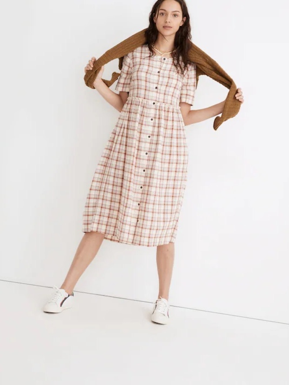 Madewell Petite Plaid Pocket Midi Shirtdress in Coastal Cloud Sz XL